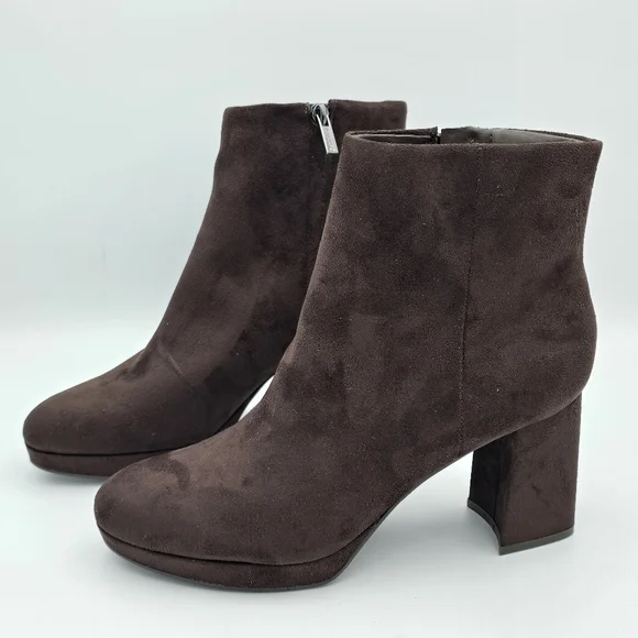 Calvin Klein Uda 2 Faux Suede Heeled Ankle Booties, Chocolate (Brown), Wmns 8.5M - Picture 4 of 16